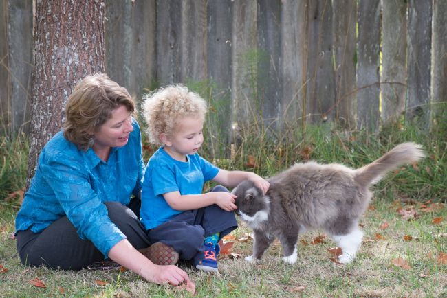 mother and child playing with cat