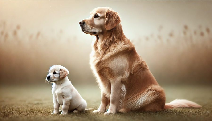 Golden Retriever puppy and adult